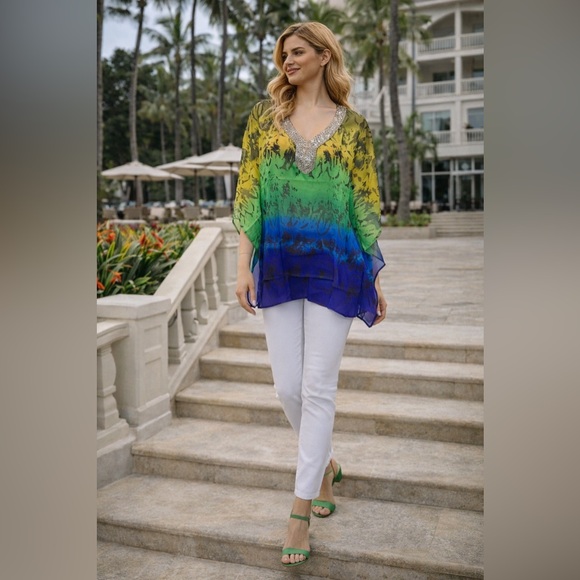 Joan Boyce Tops - Joan Boyce Multi Color Chiffon Tunic V-Neck w/Silver Beaded Trim Missy NWT $99